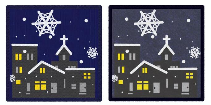 ワッペン風と貼り絵風の雪の夜景 街並み,夜景,雪景色,結晶,冬,雪,教会,ワッペン,和紙,ちぎり絵風のイラスト素材