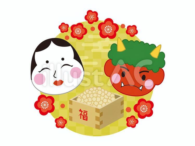 節分セット 鬼,おかめ,梅のイラスト素材