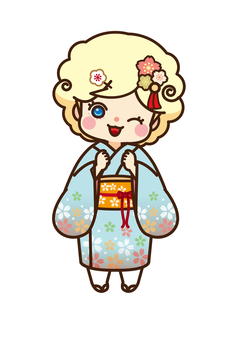 晴れ着姿で新年を祝うかわいい羊 羊,ひつじ,ヒツジ,未年,未,干支,十二支,動物,キャラクター,女の子のイラスト素材