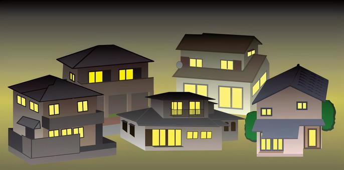 夜-住宅地　　 夜,住宅地,電気,明かり,生活,住宅,一軒家,見下ろす,屋根,町のイラスト素材