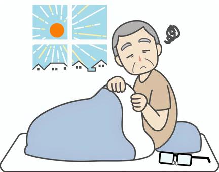 睡眠不足のおじいさん おじいさん,高齢男性,寝起き,早起き,早朝,朝日,睡眠不足,不眠,眠い,だるいのイラスト素材