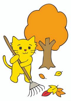 WI_C07_はきそうじ 猫,落ち葉,熊手,掃除,手描きのイラスト素材