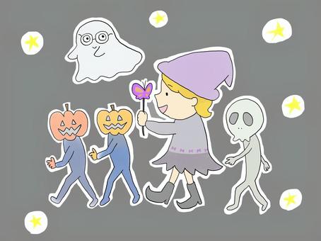 ハロウィンパレード ハロウィン,パレード,行進,カボチャ,おばけ,ガイコツ,女の子,仮装,魔女,トリックオアトリートのイラスト素材