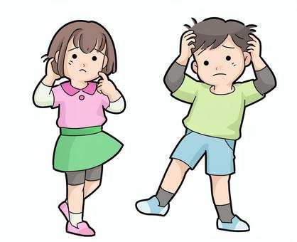 困ったポーズの子ども２人 困る,子ども,手,頭,男の子,女の子,全身のイラスト素材