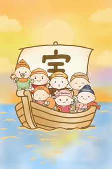七福神ベイビーの宝船と朝焼けの海 七福神,宝船,朝焼けのイラスト素材