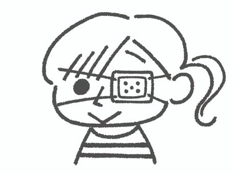 医療用の眼帯をした女の子（白黒） 眼帯,医療用,ガーゼ,女性,片目,治療,目医者,眼科,ものもらい,白黒のイラスト素材