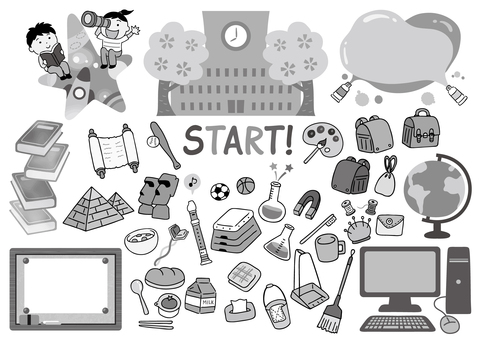 学校の挿絵セット モノクロ版 白黒コピー 学校,ランドセル,地球儀,パソコン,白黒コピー,持ち物,入学式,始業式,新学期,教科書のイラスト素材