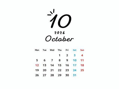 2026年10月のお洒落なカレンダー カレンダー,10月,2026,月間,シンプル,月別,祝日,スポーツの日,秋,スケジュールのイラスト素材