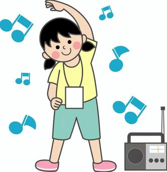 ラジオの横でリズムよく体側を伸ばす女の子 女の子,首,カード,正面,全身,体側,伸ばす,曲げる,傾く,ストレッチのイラスト素材