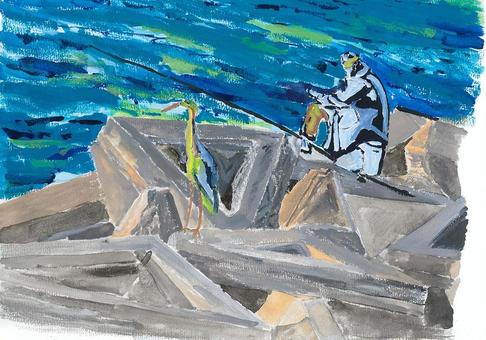 釣り人 釣り人,テトラポット,防波堤,アオサギ,荒波のイラスト素材