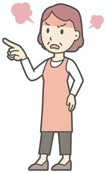  指をさして責め立てているおばさん 指さす,女性,人,主婦,中年,シニア,エプロン,ママ,お母さん,おかんのイラスト素材