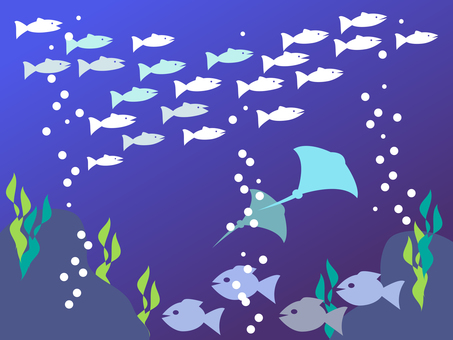 ちょっとゆるーい海の底の風景 海,えい,魚,ゆるい,海底,わかめ,背景,壁紙,ポストカード,モダンのイラスト素材