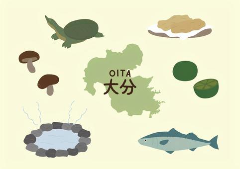 大分イラストセット 大分,すっぽん,アジ,温泉,かぼす,椎茸,とり天,天ぷら,地図,ご当地のイラスト素材