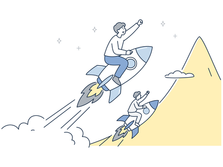 成長を加速するロケットで駆け上がる男性 人物,男性,成長,挑戦,上昇,ロケット,目標,達成,進歩,飛躍のイラスト素材