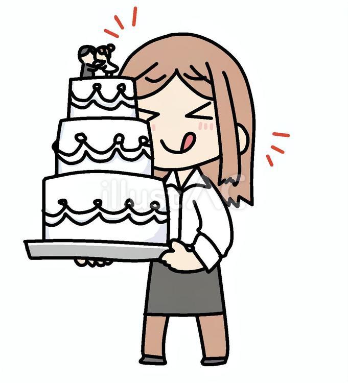 ケーキと嬉しい女性社員 女性,ウェディングケーキ,スイーツのイラスト素材