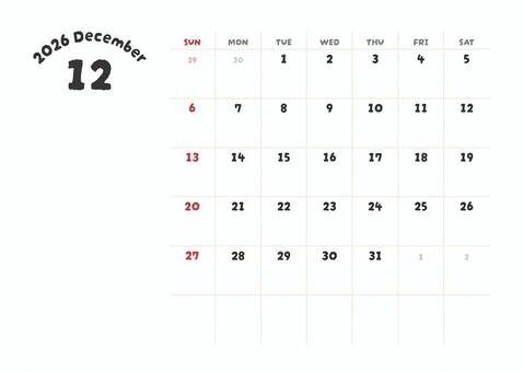 2026年12月カレンダー かわいい文字 カレンダー,2026年,2026年カレンダー,12月,12月カレンダー,カレンダー12月,十二月,2026年12月カレンダー,冬,数字のイラスト素材