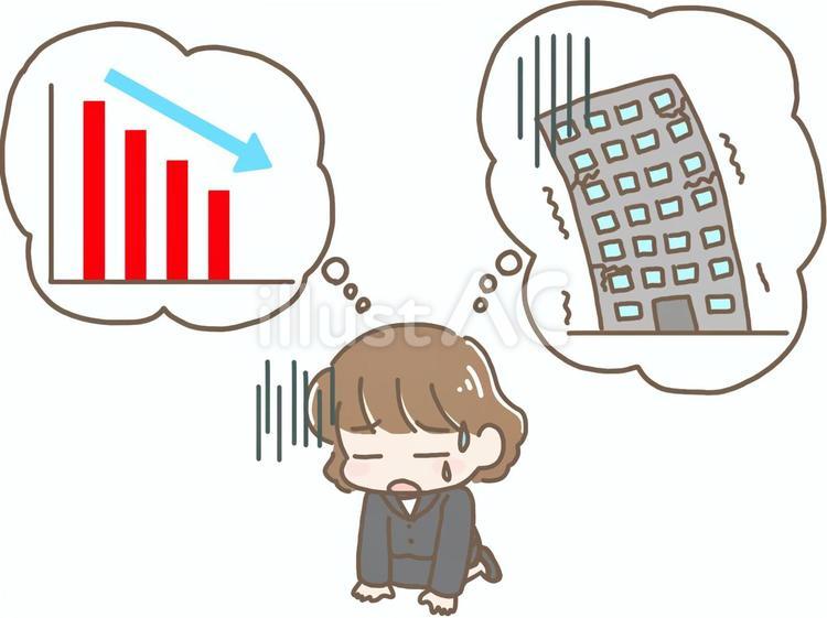 業績不振で会社が傾いていてつらい女性社員 不景気,業績不振,経営悪化のイラスト素材