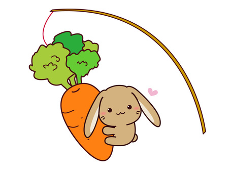 にんじんに釣られる垂れ耳うさぎさん うさぎ,干支,ニンジン,釣竿,笑顔,抱きつく,好物,食べ物,野菜,挿絵のイラスト素材