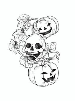 スカルとハロウィンかぼちゃ ハロウィン,スカル,骸骨,かぼちゃ,ジャックオーランタン,不気味,ホラー,モノクロ,手描き,祭りのイラスト素材