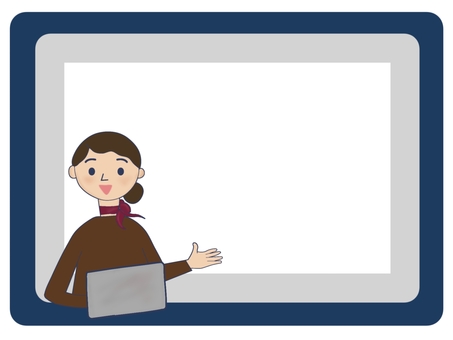 受付スタッフがご案内(紺) 受付,受付スタッフ,ビジネス,オフィス,ホワイトボード,案内,左手,デスク,パソコン,ノートパソコンのイラスト素材