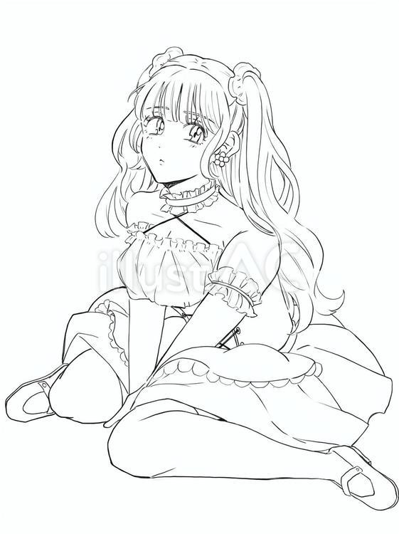 メイドさん線画 女の子,メイド,メイド服のイラスト素材