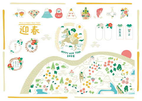 2026年賀イラストセット 午年,年賀状,馬,午,お正月,挿絵,あしらい,正月,フレーム,背景のイラスト素材