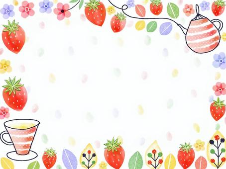 花やかイチゴとお茶会 イチゴ,お茶,フレーム,背景,手書き,かわいいのイラスト素材