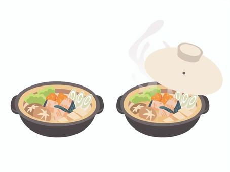 豆乳鍋 豆乳鍋,土鍋,温かい,湯気,鮭,切り身,人参,しいたけ,豆腐,ネギのイラスト素材