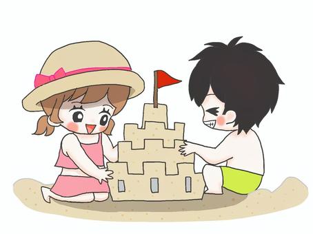 砂の城 砂の城,手描き,女の子,男の子,砂浜,茶髪,ツインテール,麦わら帽子,黒髪,水着のイラスト素材