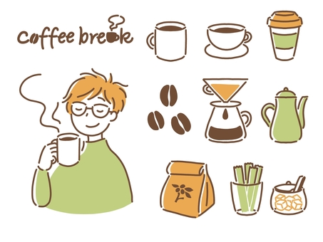 コーヒーブレイク コーヒー,休憩,マグカップ,ティーカップ,テイクアウト,コーヒー豆,ドリッパー,ポット,クラフト袋,スティックシュガーのイラスト素材