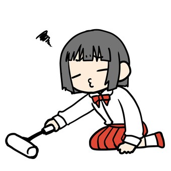 コロコロをかける不満な少女 小学生,コロコロ,掃除,不満,いやいや,不本意,やりたくない,義務,役割,趣味のイラスト素材