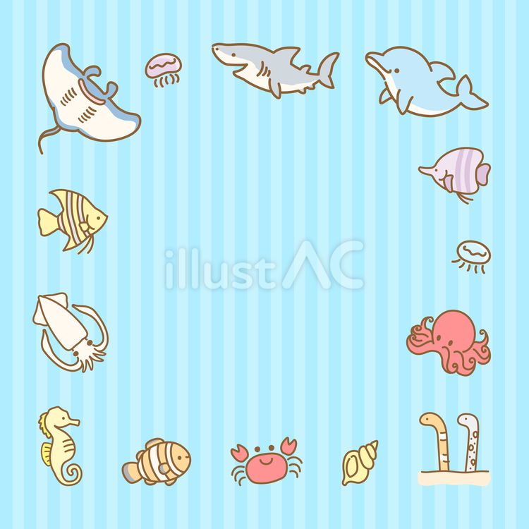 夏の海の生き物の正方形フレーム01 夏,海,海の生き物のイラスト素材