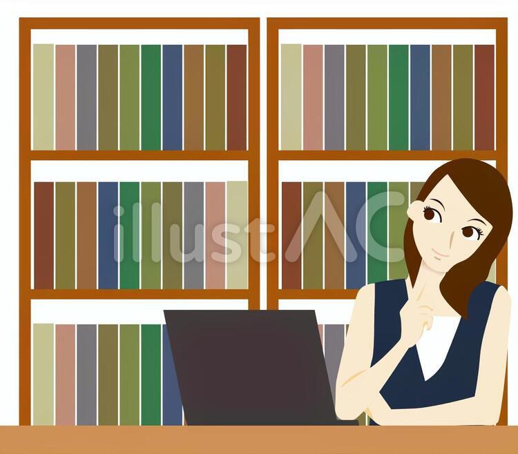 女性　人物　PC　考え　アイデア　 女性,考え,鉛筆のイラスト素材