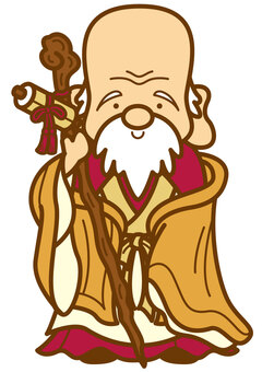 福禄寿-4c 福禄寿,七福神,神様,老人,杖,ヒゲ,巻物,着物,沓,笑顔のイラスト素材