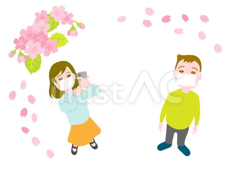 マスクをしてお花見をする男女 お花見,桜,人物のイラスト素材