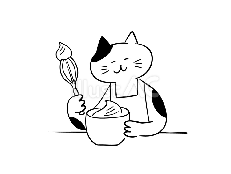 クリームを泡立てる猫（モノクロ） 猫,生クリーム,ホイップのイラスト素材