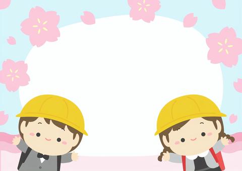 春の桜と入学式の小学生、入学のイラスト 春の桜と入学式の小学生、入学のイラスト 入学式,入学,桜,春,背景,フレーム,ランドセル,入学祝い,入学おめでとう,入学準備のイラスト素材