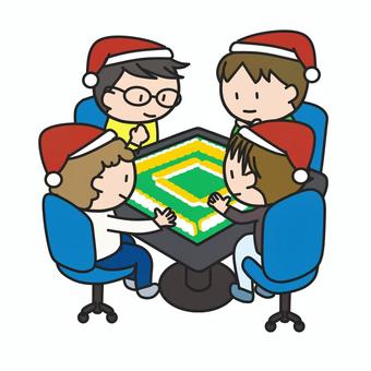 クリスマスに麻雀をしている男性４人 麻雀,クリスマス,四人,四麻,4人,卓,自動麻雀卓,牌,健康,趣味のイラスト素材