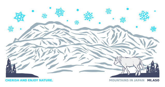 雪降る、阿蘇山。雪の結晶と自然の風景 阿蘇山,山,活火山,熊本県,阿蘇,高岳,中岳,草千里,ジオパーク,草原のイラスト素材