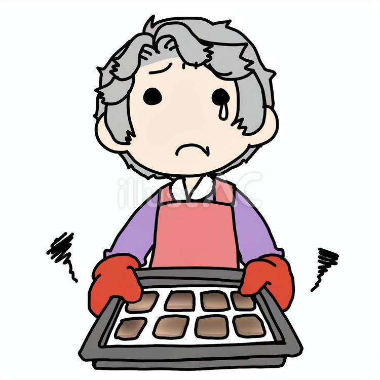 泣きながら失敗クッキーを焼くおばあさん おばあさん,クッキー,泣くのイラスト素材