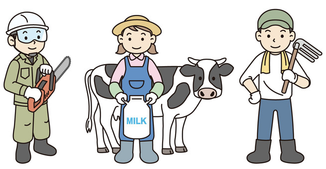 林業、酪農、農業のイラスト 林業,酪農,農業,第一次産業,生産者,森林,チェーンソー,牛,家畜,地域のイラスト素材