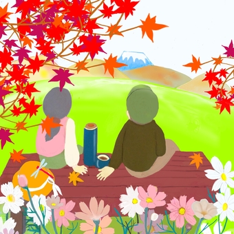 秋のもみじ狩り 秋,紅葉,コスモス,夫婦,山並み,丘のイラスト素材