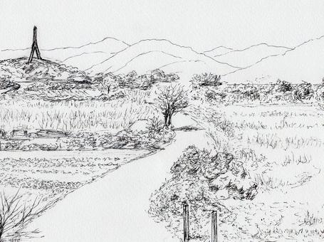 日の当たる原っぱ 風景画,風景,スケッチ,ペンスケッチ,ペン画,線画,白黒,モノクロ,原っぱ,野原のイラスト素材