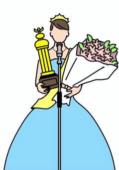 花束とトロフィーをもつミスコン　カラー 花束,ティアラ,トロフィー,女性,ドレス,ミスコン,カラーのイラスト素材