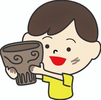 土器を作った男の子 土器,縄文土器,体験学習,粘土,土,工作,手作り,男の子,縄文体験,作るのイラスト素材