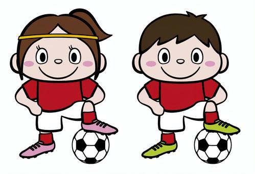 赤いユニフォームのサッカー少年・少女 サッカー,フットサル,スポーツ,サッカー少年,サッカー少女,子ども,男の子,女の子,キャラクター,ユニフォームのイラスト素材