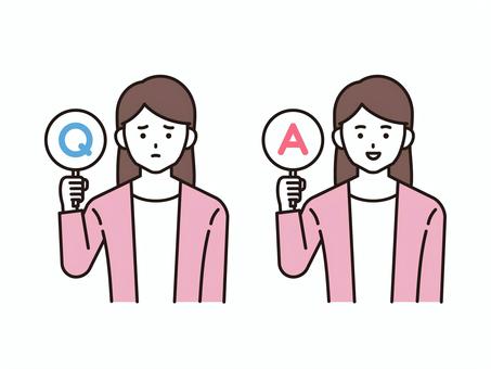 Q＆Aを持った私服姿の女性（カラー） 女性,主婦,qa,クエスチョン,アンサー,質問,疑問,問題,答え,解答のイラスト素材