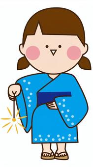 Girl in a pigtail yukata with sparklers, , JPG, PNG and AI