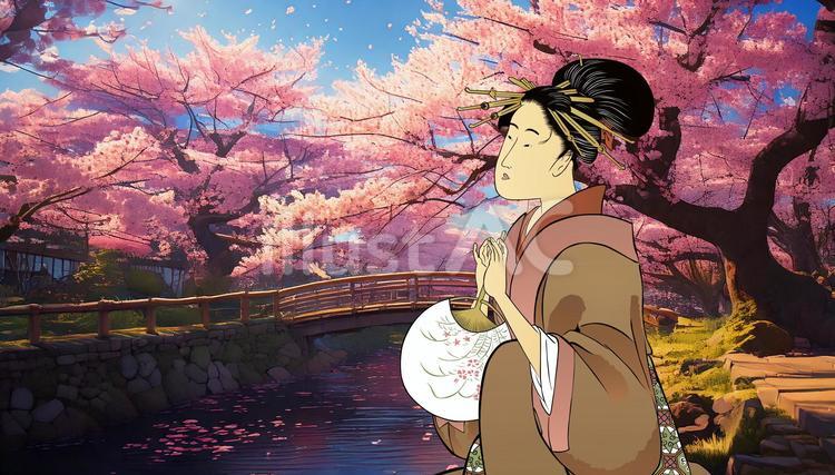 花見をする和服の女性 浮世絵,日本,和風のイラスト素材