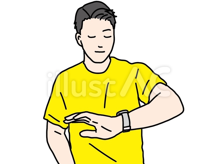 男性　時計　見る　仕草　黄色 男性,上半身,時計のイラスト素材